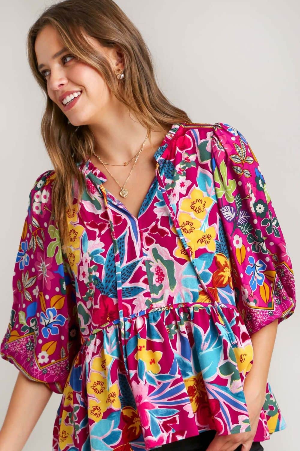 Umgee Full Size Floral Print Tie Neck Peplum Blouse Plus Size MULBERRY MIX / S