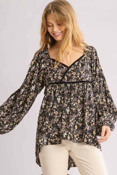 Umgee Full Size Floral Print Velvet Trimmed Balloon Sleeve Top Plus Size Black / 2XL