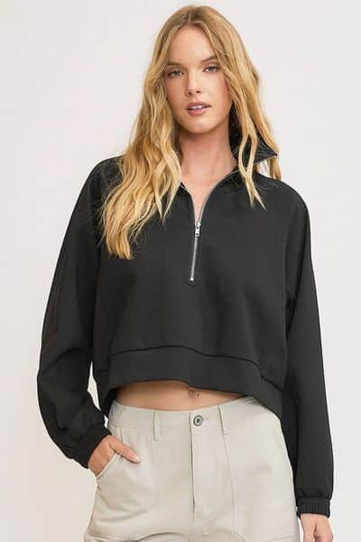 Umgee Full Size Half Zip Cropped Sweatshirt Plus Size Black / 1XL