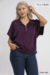 Umgee Full Size Half-Zip Short Sleeve Top Plus Size