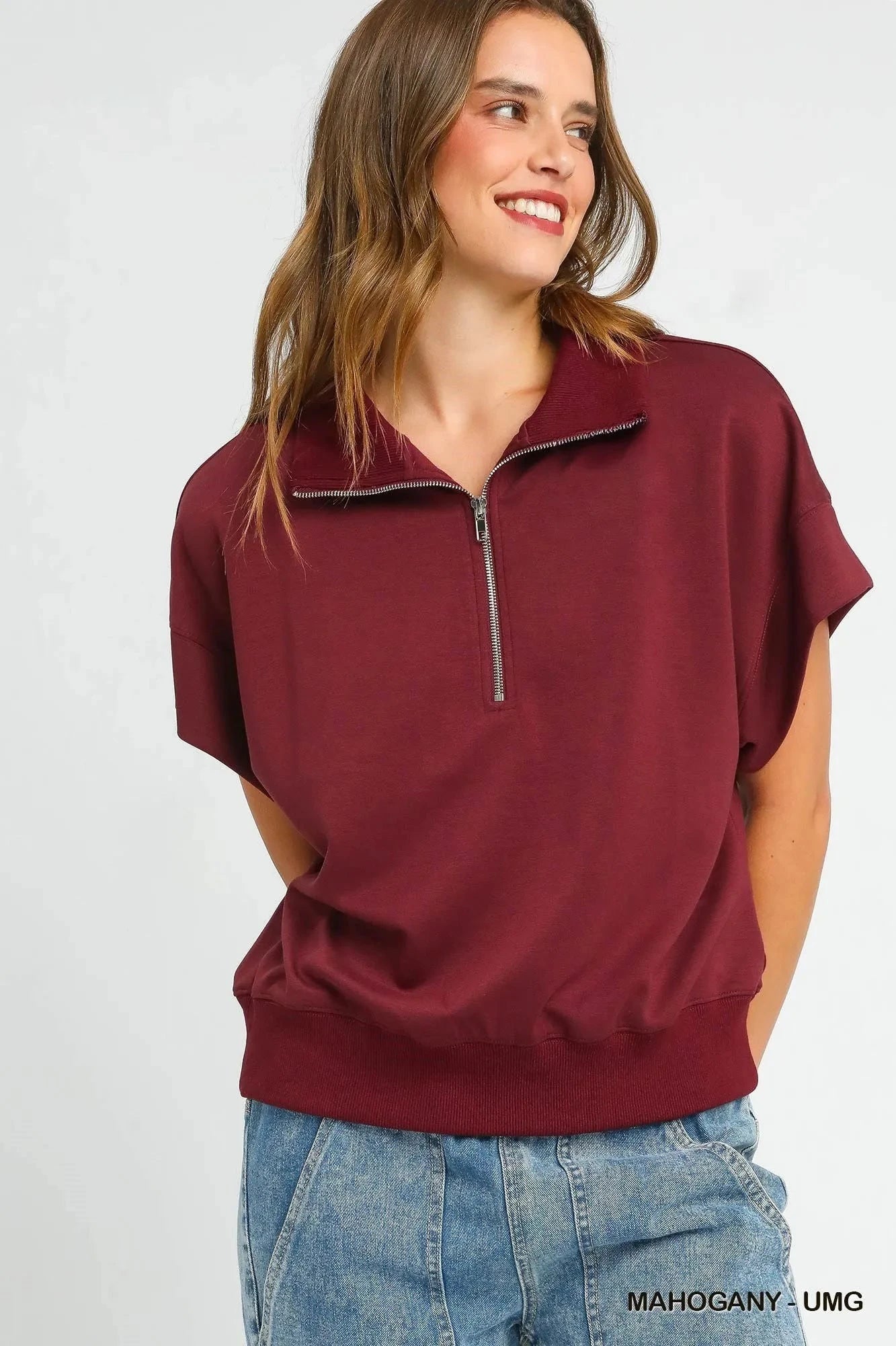 Umgee Full Size Half-Zip Short Sleeve Top Plus Size MAHOGANY / S