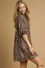 Umgee Full Size Leopard Print Mini Dress with Contrast Trim Plus Size