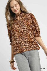 Umgee Full Size Leopard Print Ruffle Neck Blouse Plus Size Brown / S