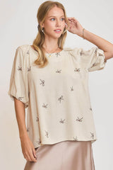 Umgee Full Size Linen Blend Ribbon Embroidered Top Plus Size OATMEAL / 2XL