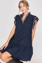 Umgee Full Size Ruffled Scalloped Sleeved Dress Plus Size Dark Navy / S