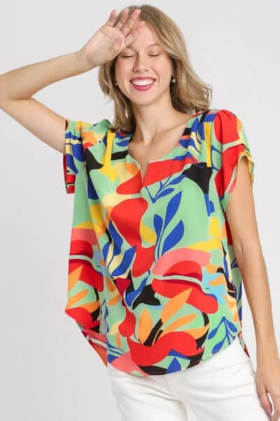 Umgee Full Size Short Sleeved Abstract Print Top Plus Size Light Green / S