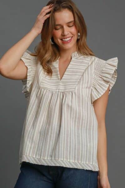 Umgee Full Size Striped Babydoll Top Plus Size Dust Storm / S