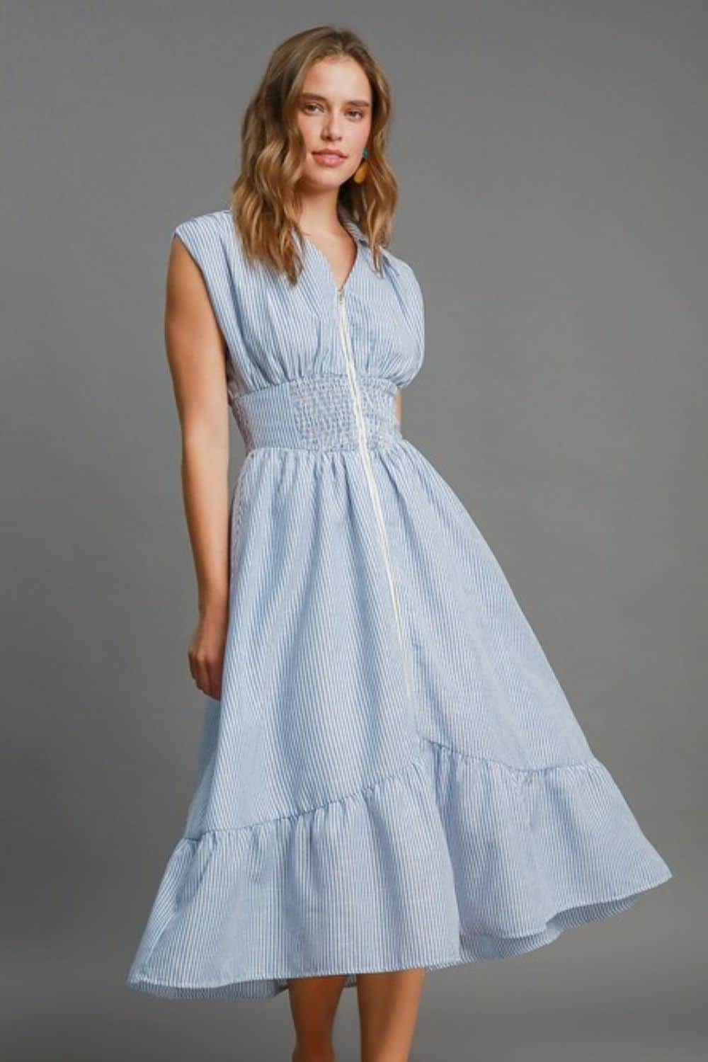 Umgee Full Size Striped Midi Dress with Smocked Waist Plus Size Light Blue / S