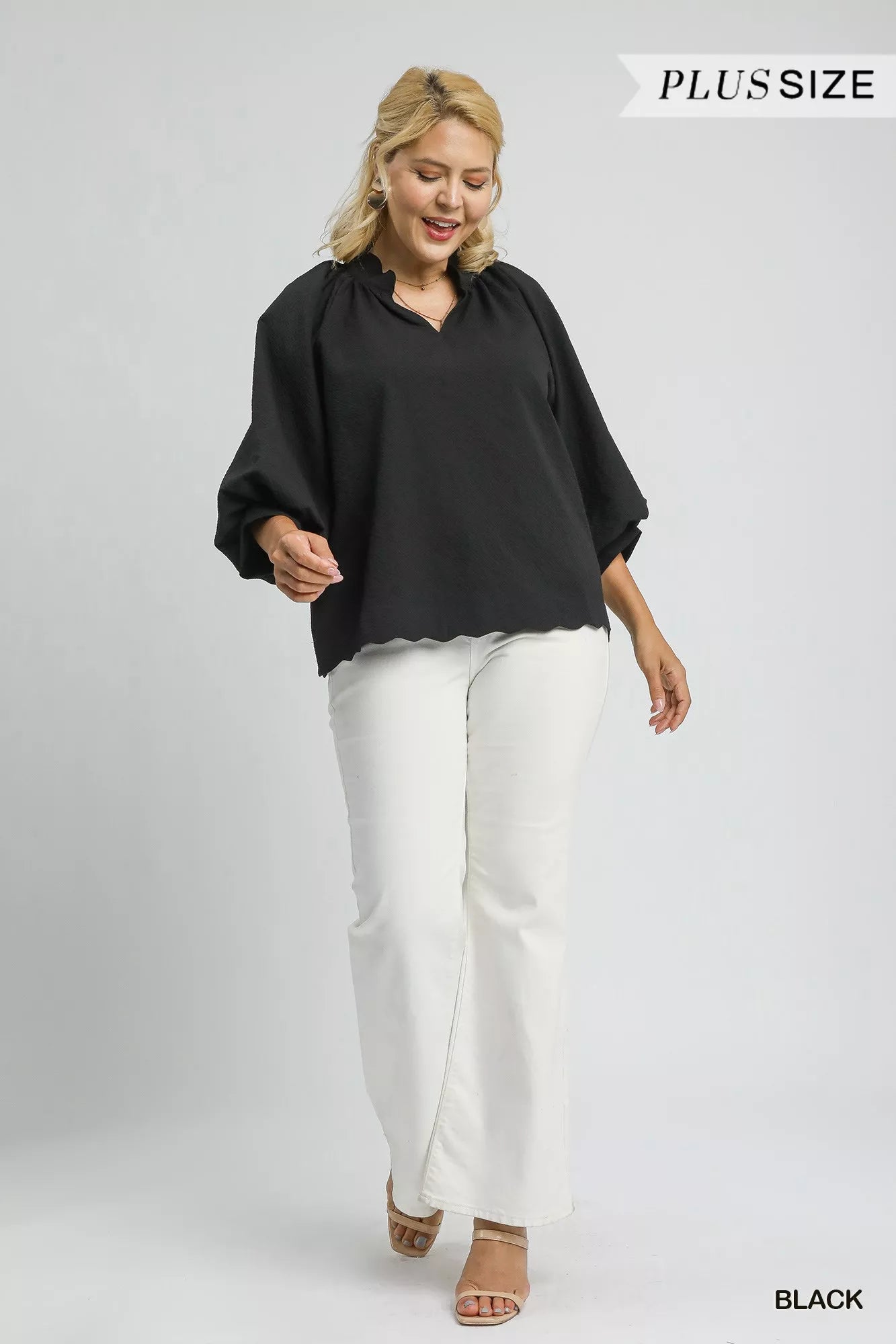 Umgee Full Size Textured Notched Balloon Sleeve Blouse Plus Size