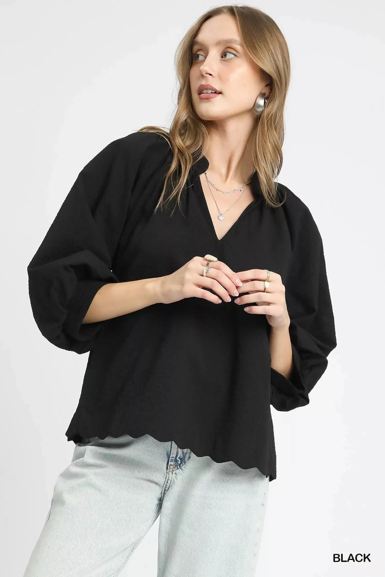 Umgee Full Size Textured Notched Balloon Sleeve Blouse Plus Size Black / S
