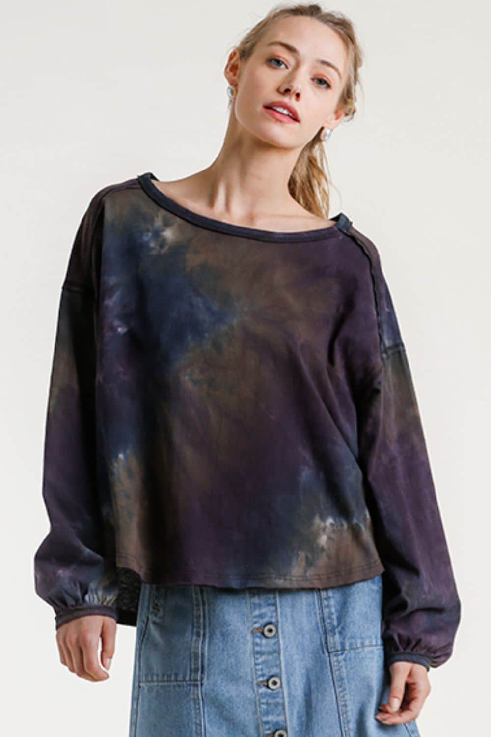 Umgee Full Size Tie Dye Round Neck Long Balloon Sleeve Top Plus Size FOREST/GREEN / L