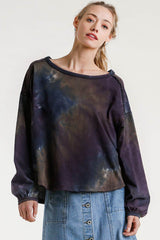 Umgee Full Size Tie Dye Round Neck Long Balloon Sleeve Top Plus Size FOREST/GREEN / L