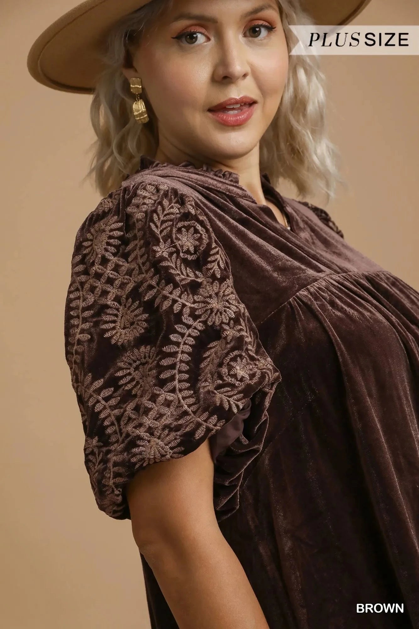 Umgee Full Size Velvet Embroidered Sleeve Blouse Plus Size