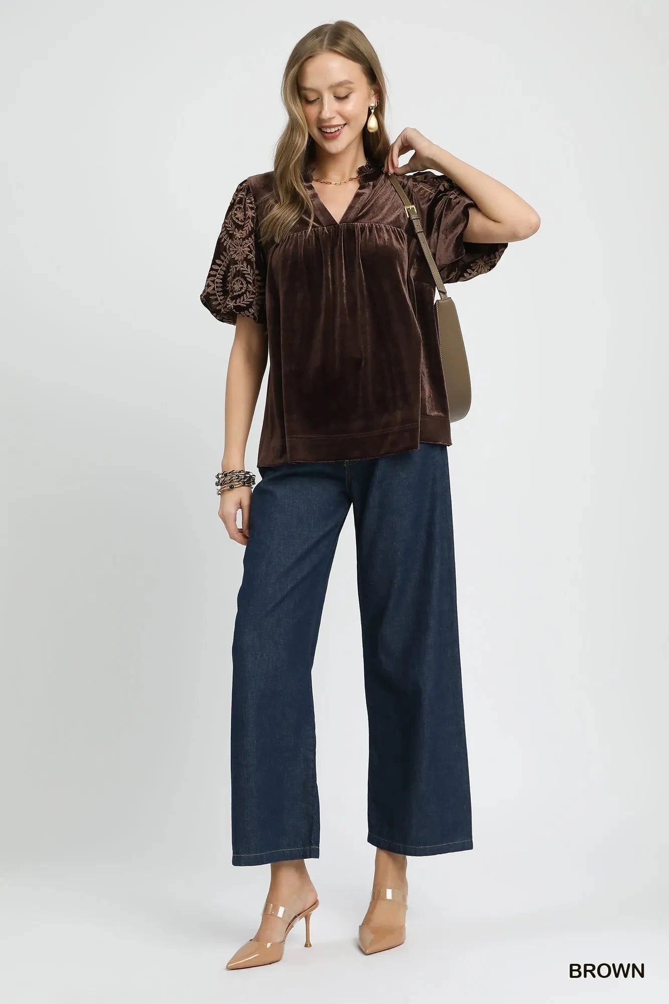 Umgee Full Size Velvet Embroidered Sleeve Blouse Plus Size