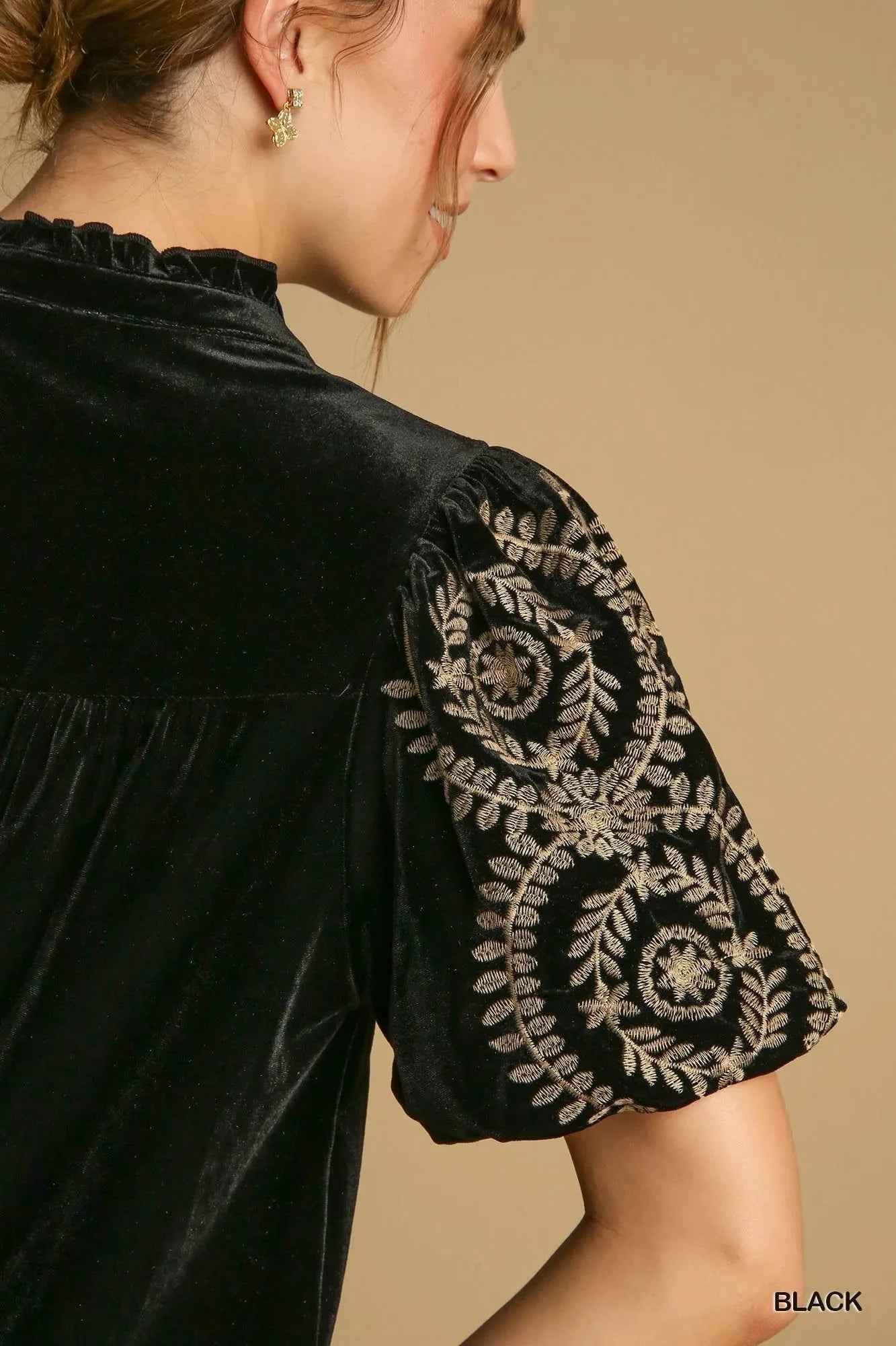 Umgee Full Size Velvet Embroidered Sleeve Blouse Plus Size