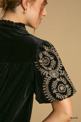 Umgee Full Size Velvet Embroidered Sleeve Blouse Plus Size
