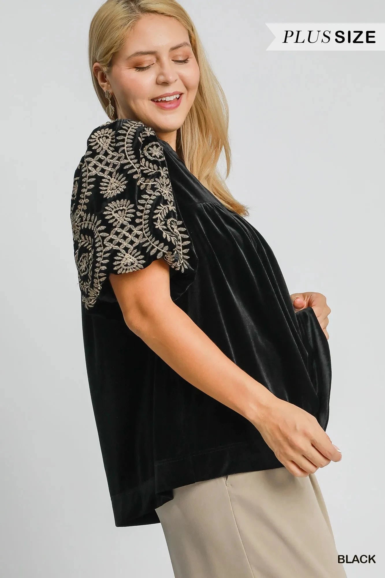 Umgee Full Size Velvet Embroidered Sleeve Blouse Plus Size
