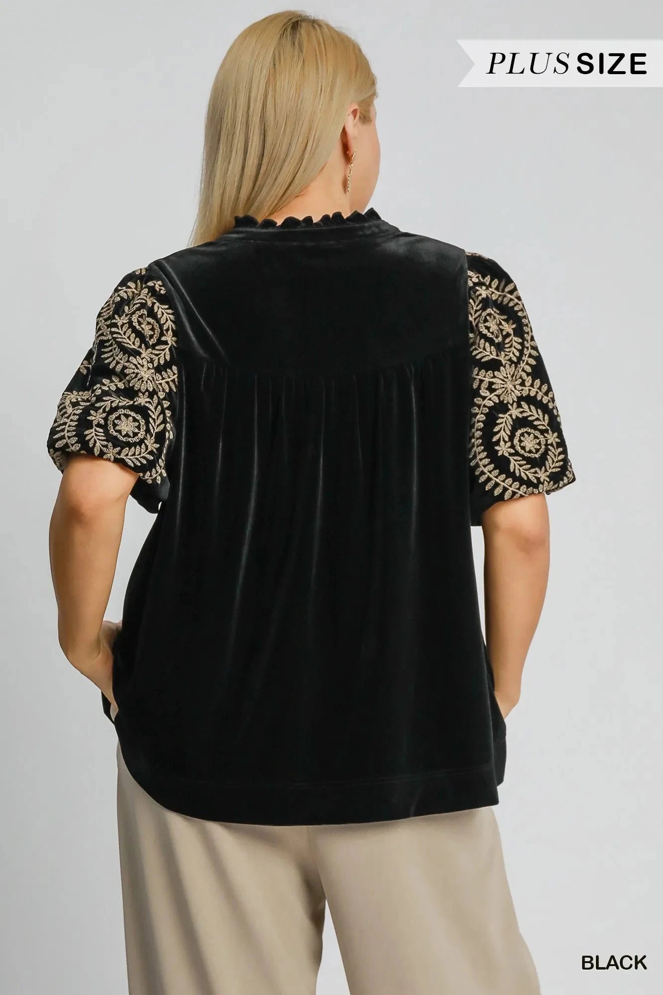 Umgee Full Size Velvet Embroidered Sleeve Blouse Plus Size