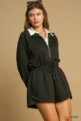 Umgee Half Zip Romper with Drawstring Waist Black / S