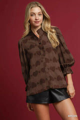 Umgee Heart Jacquard Ruffle Trim Shirt Brown / S