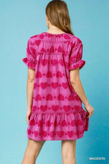 Umgee Heart Pattern Short Sleeve Ruffle Babydoll Dress