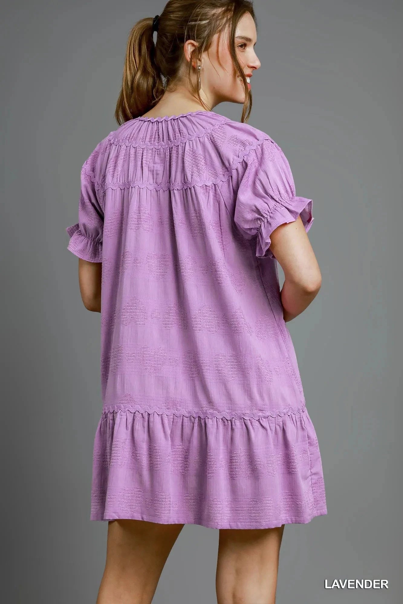 Umgee Heart Pattern Short Sleeve Ruffle Babydoll Dress