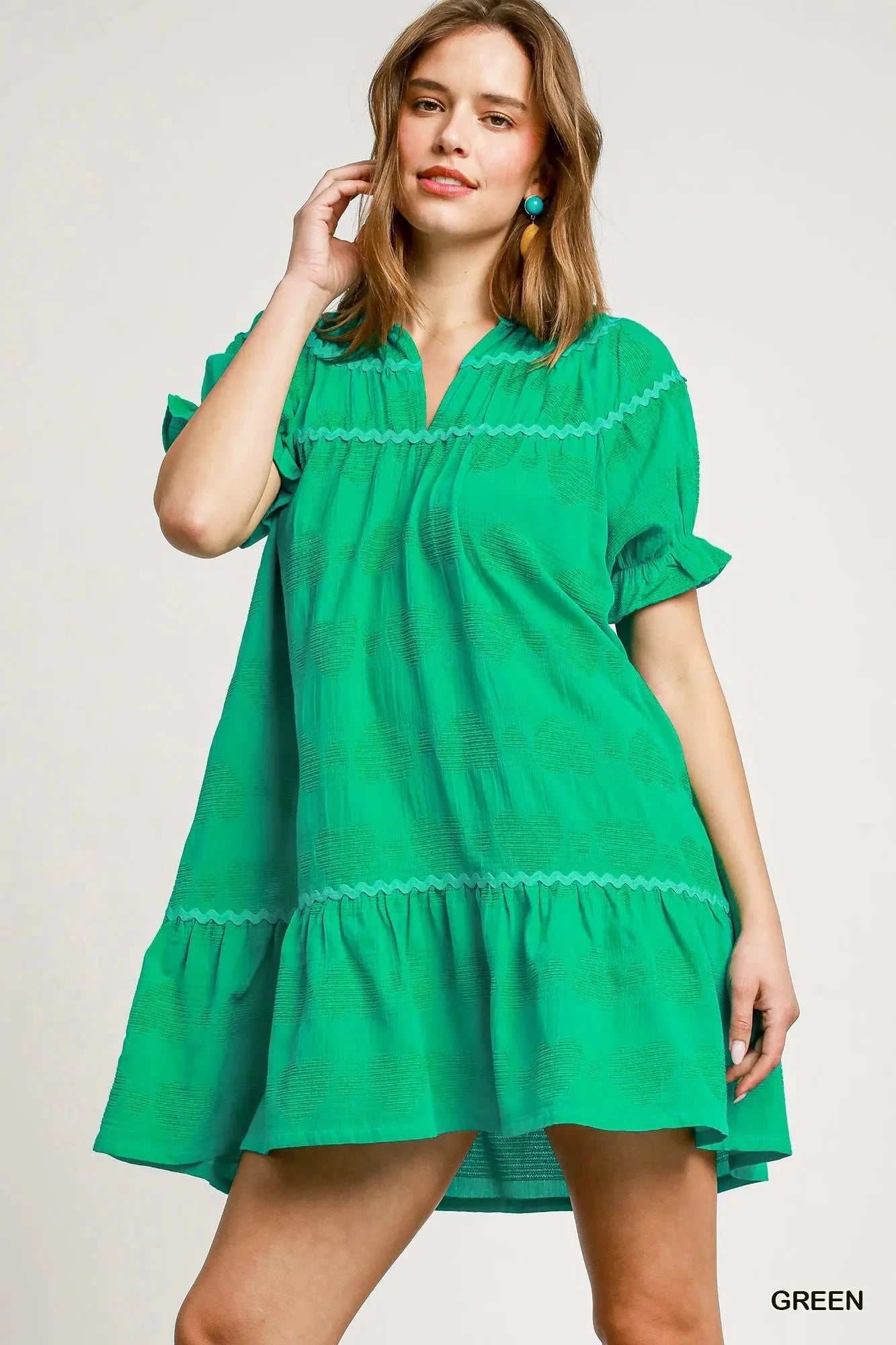 Umgee Heart Pattern Short Sleeve Ruffle Babydoll Dress Green / S
