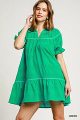 Umgee Heart Pattern Short Sleeve Ruffle Babydoll Dress Green / S