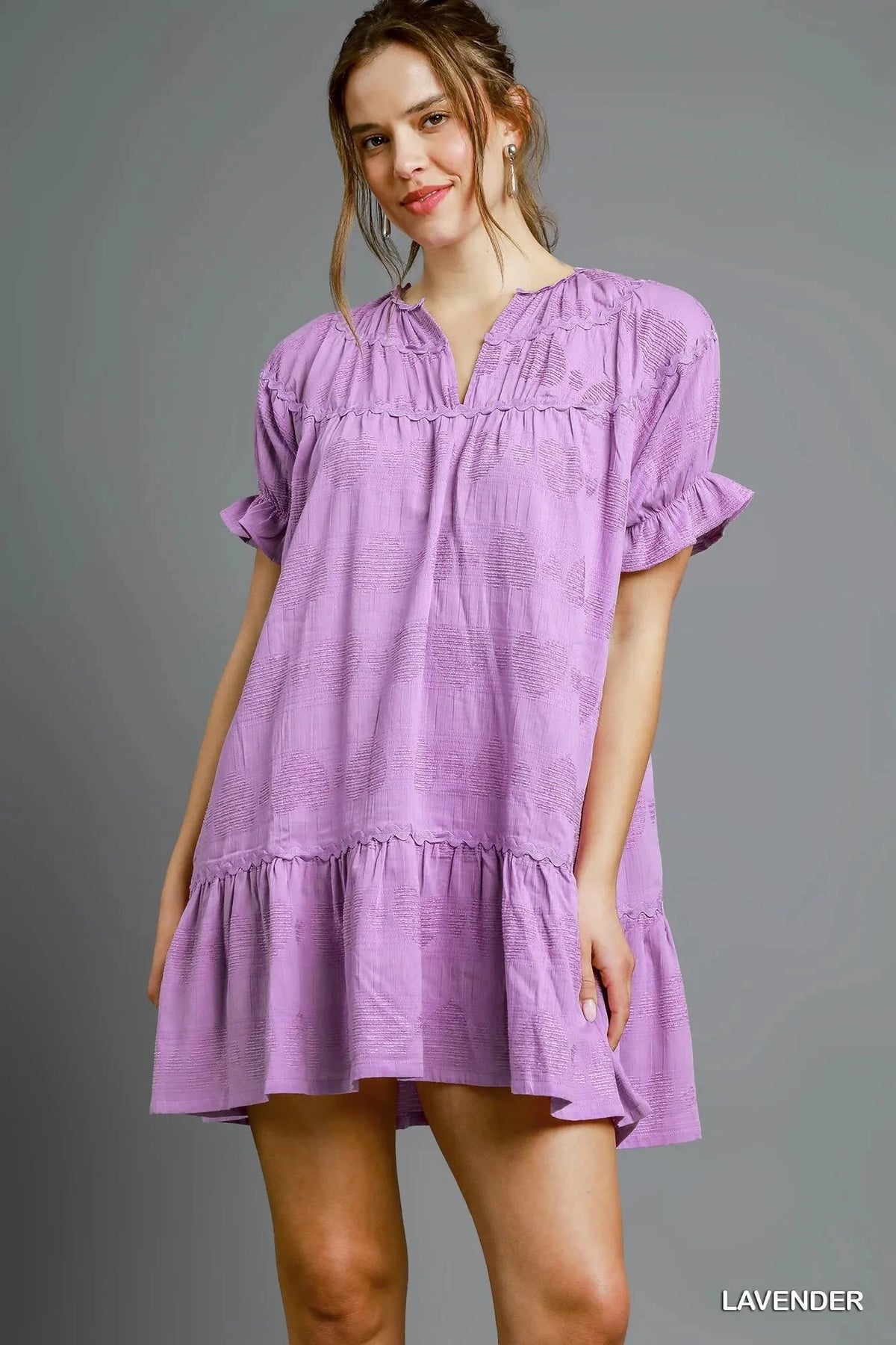 Umgee Heart Pattern Short Sleeve Ruffle Babydoll Dress Lavender / S