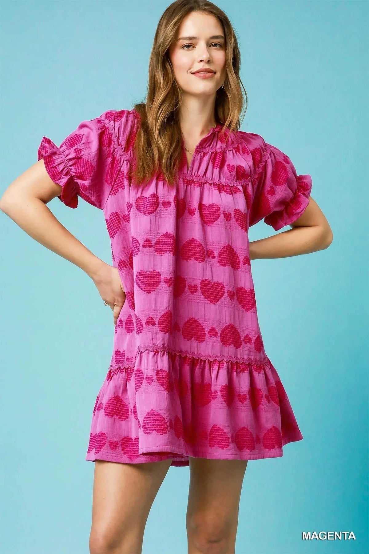 Umgee Heart Pattern Short Sleeve Ruffle Babydoll Dress MAGENTA / S