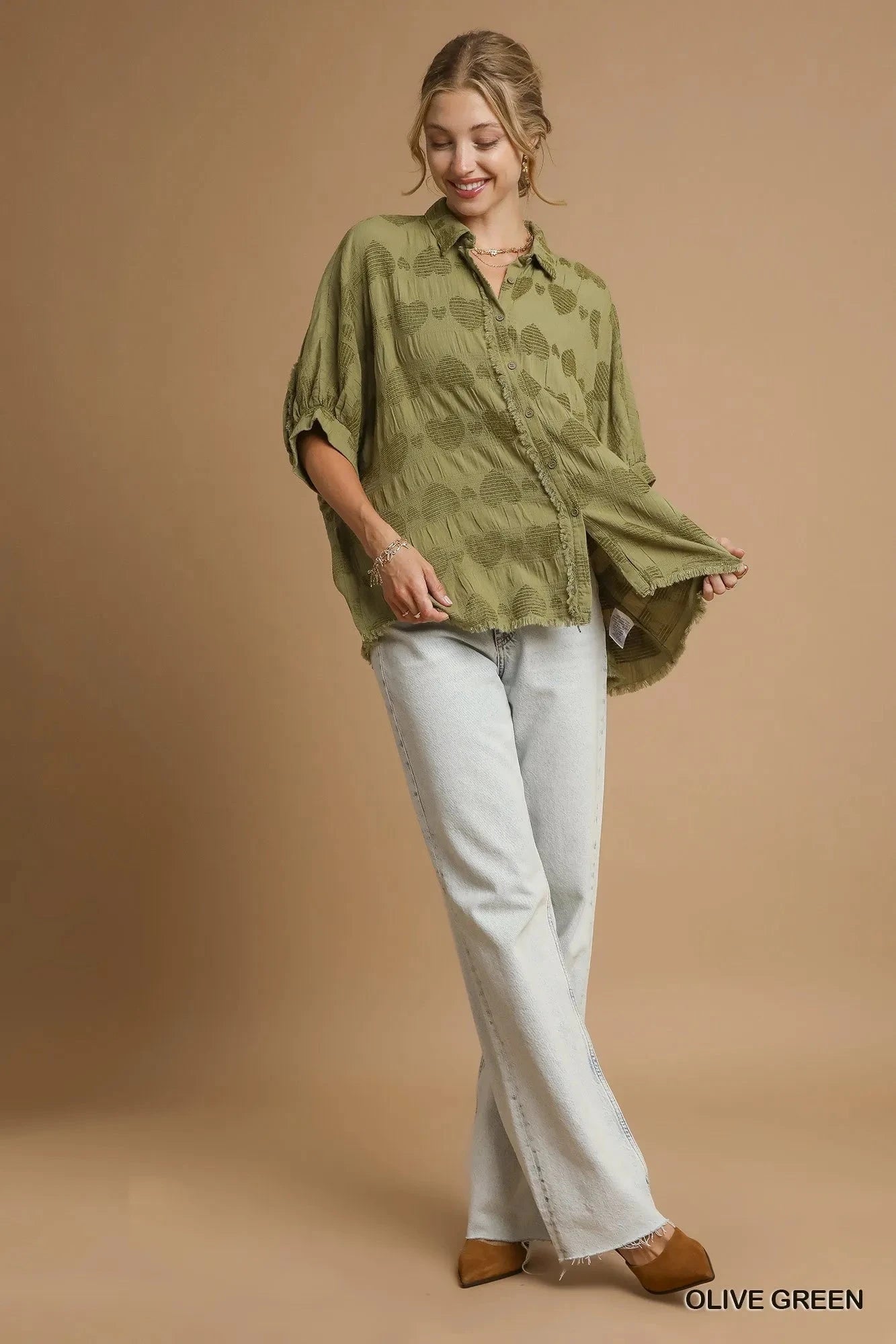 Umgee Jacquard Heart Collared Shirt