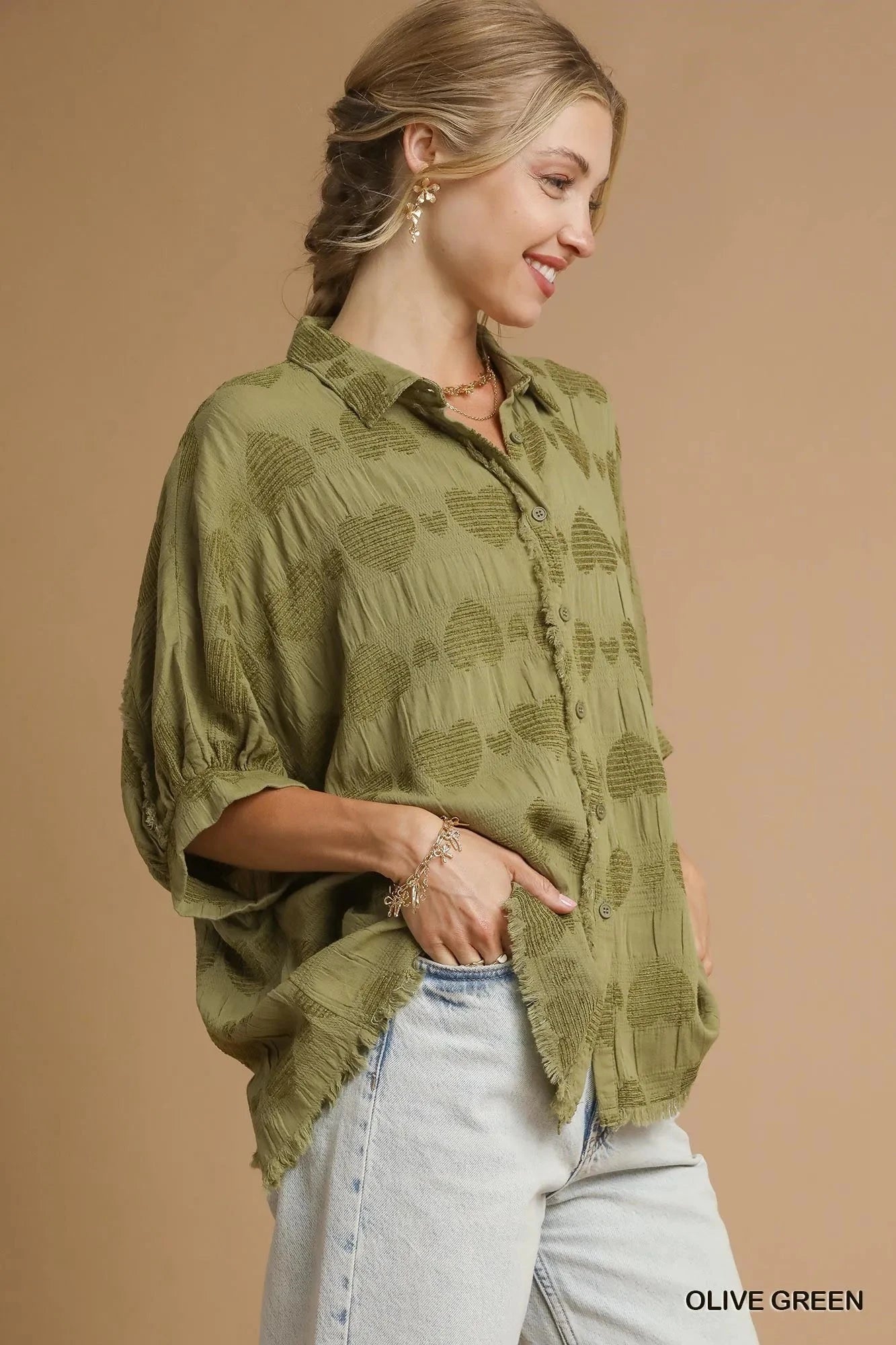 Umgee Jacquard Heart Collared Shirt