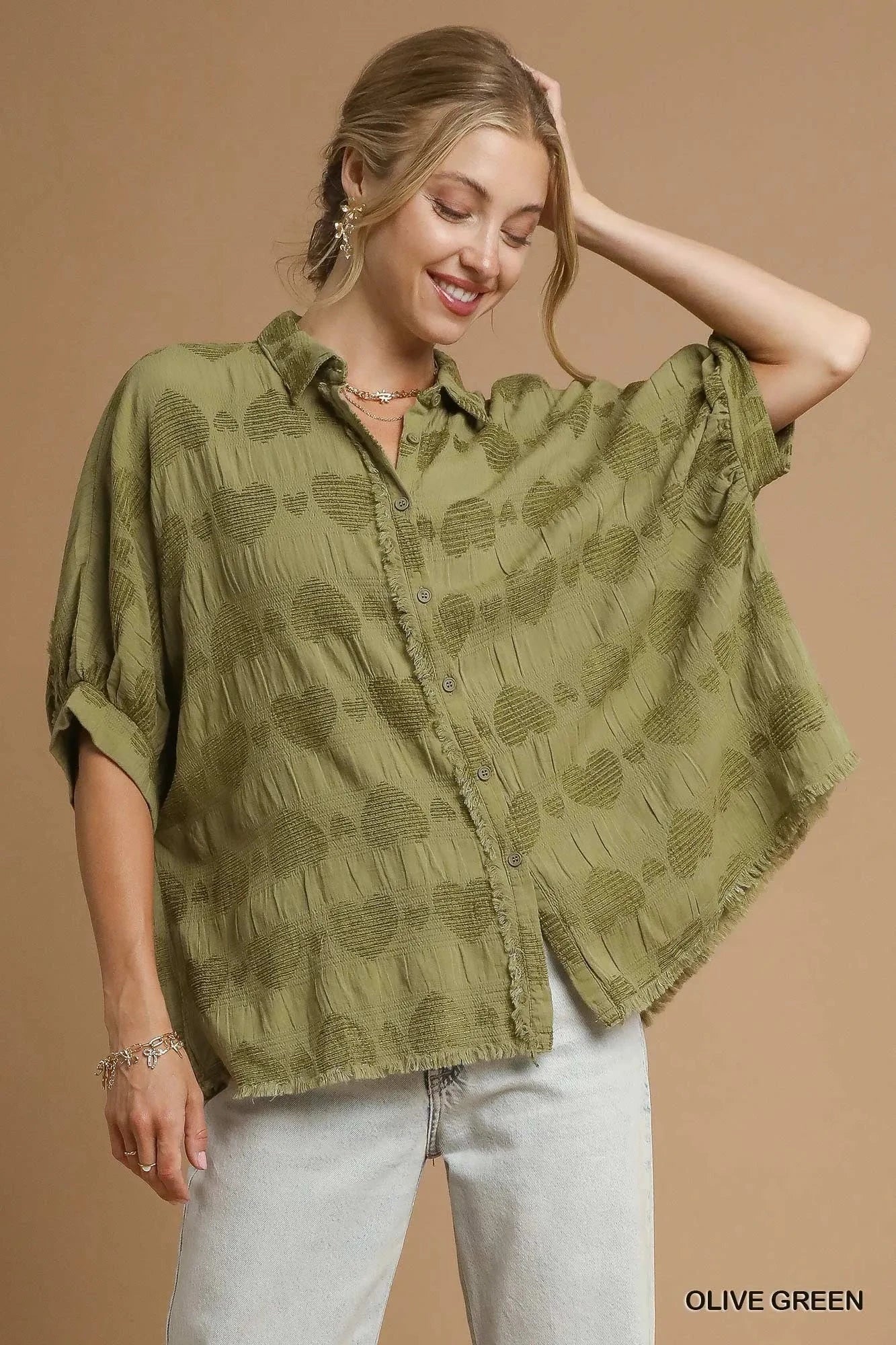 Umgee Jacquard Heart Collared Shirt OLIVE GREEN / S