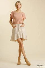 Umgee Linen Blend 5 Pockets High Low Skirt with Frayed Hem