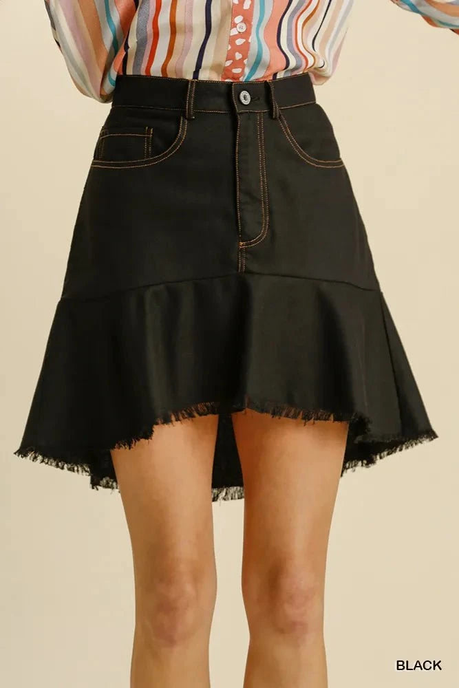 Umgee Linen Blend 5 Pockets High Low Skirt with Frayed Hem Black / S