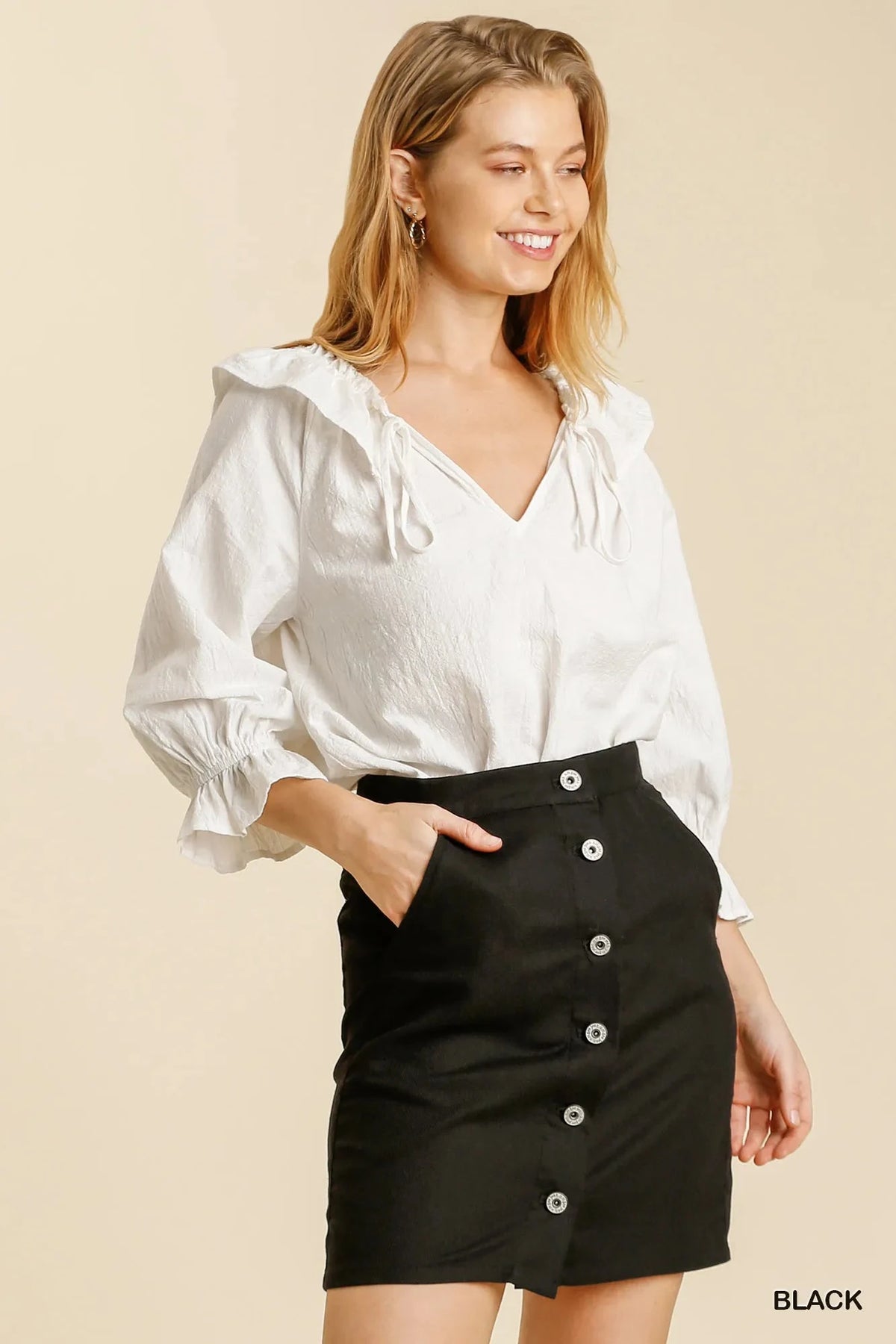 Umgee Linen Blend Button Down Skirt with Pockets Black / S