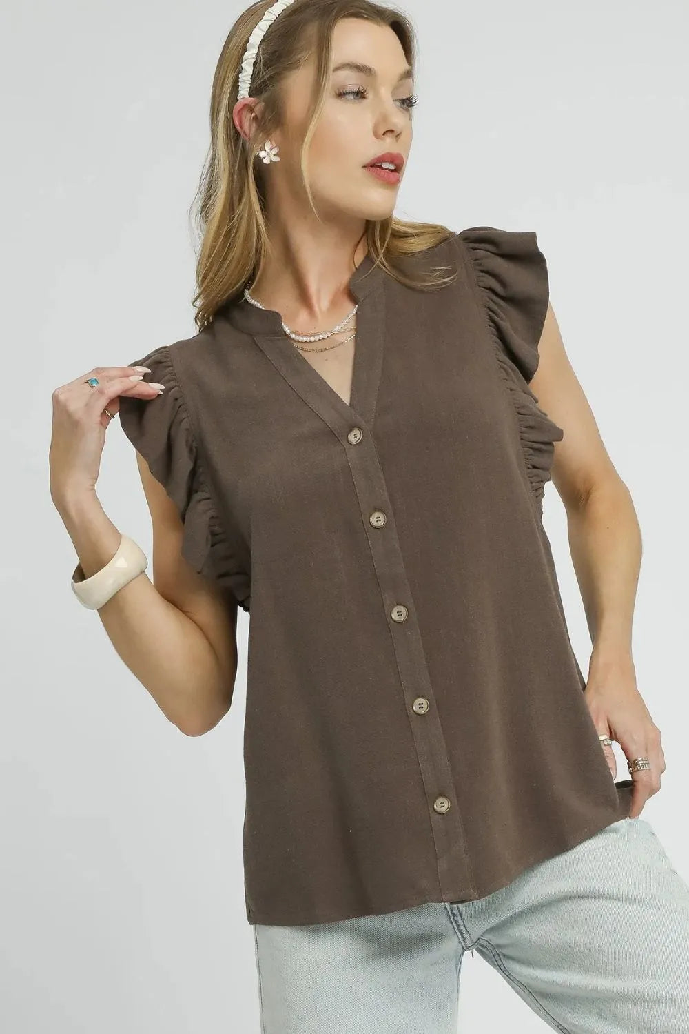 Umgee Linen Ruffle Sleeve Button-Down Shirt Coffee Brown / S