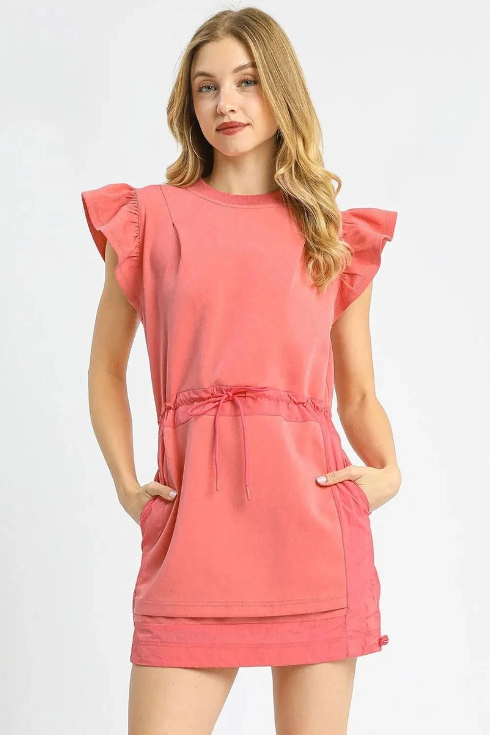 Umgee Luxe knit Ruffle Sleeve Drawstring Mini Dress Strawberry / XS