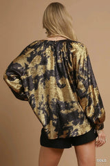 Umgee Metallic Fabric Blouse with Balloon Sleeves