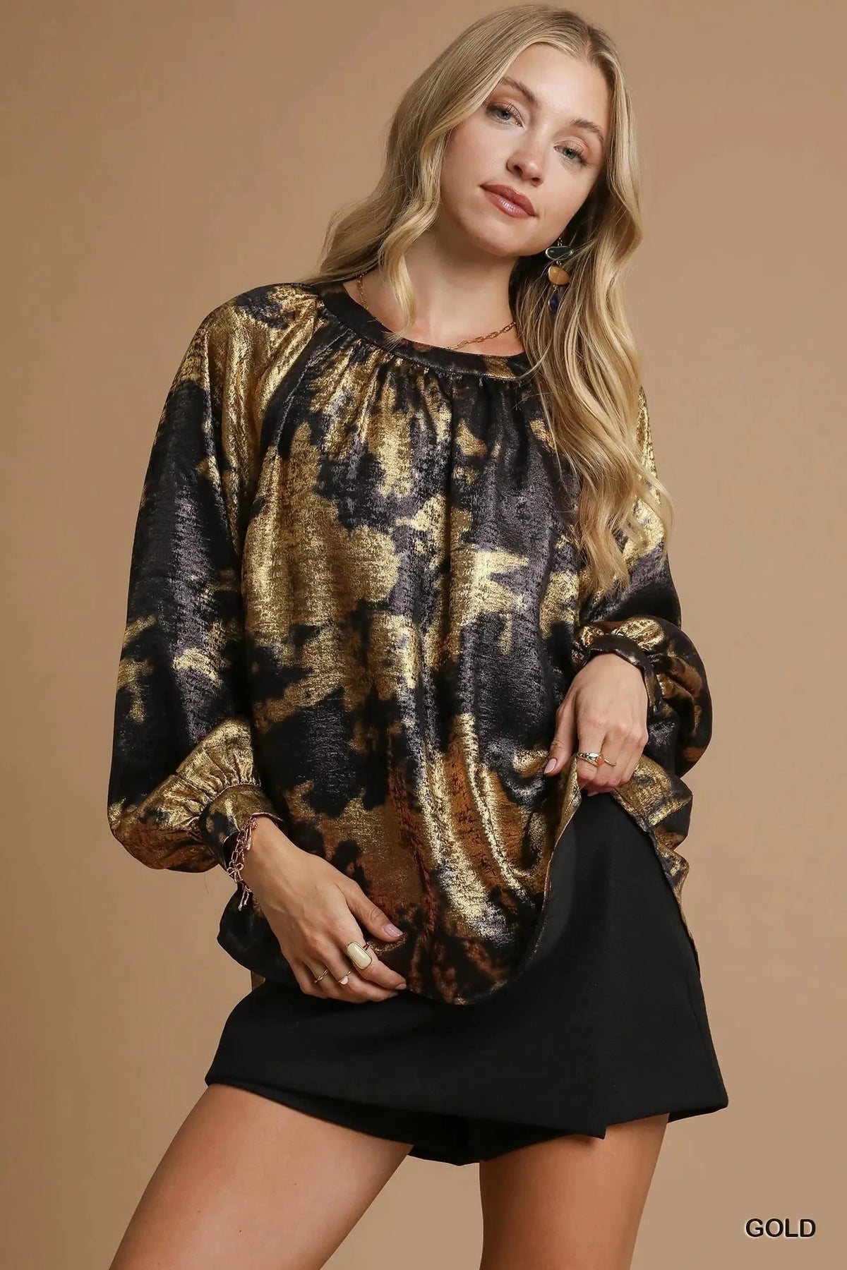 Umgee Metallic Fabric Blouse with Balloon Sleeves GOLD / S