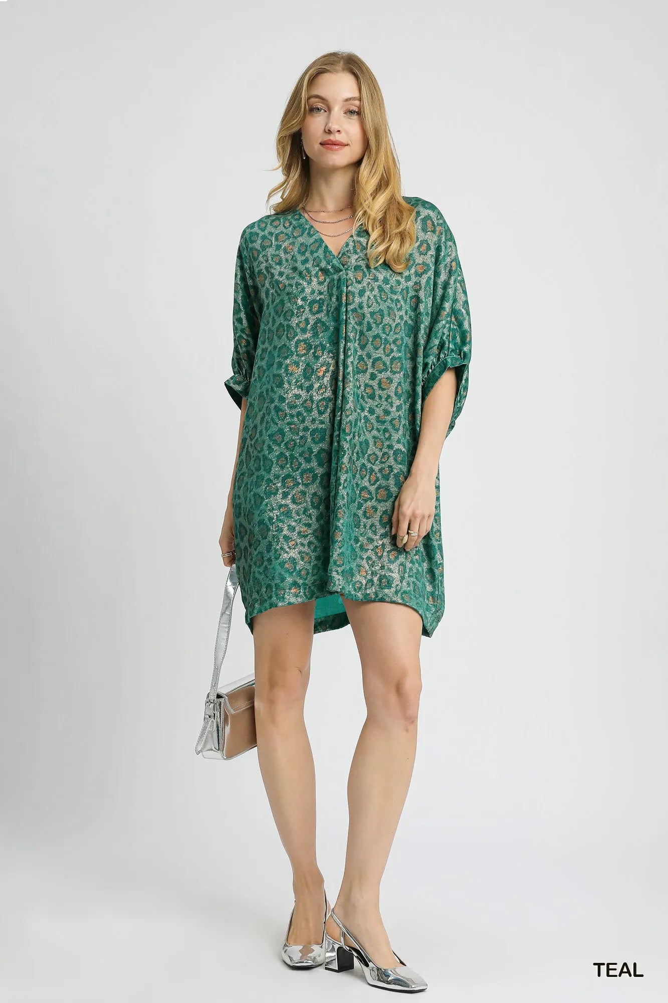 Umgee Metallic Leopard Print V-Neck Kimono Dress
