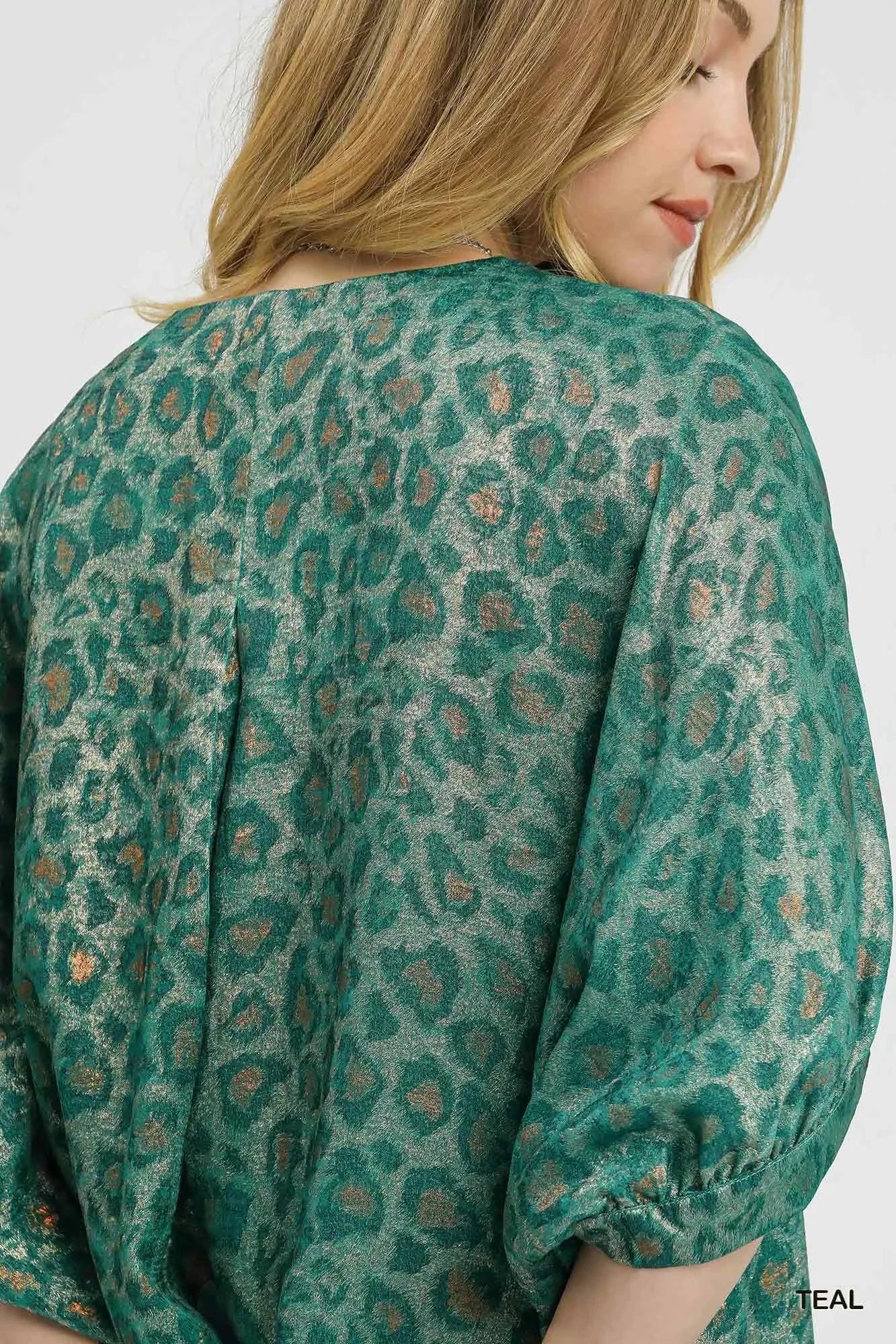 Umgee Metallic Leopard Print V-Neck Kimono Dress