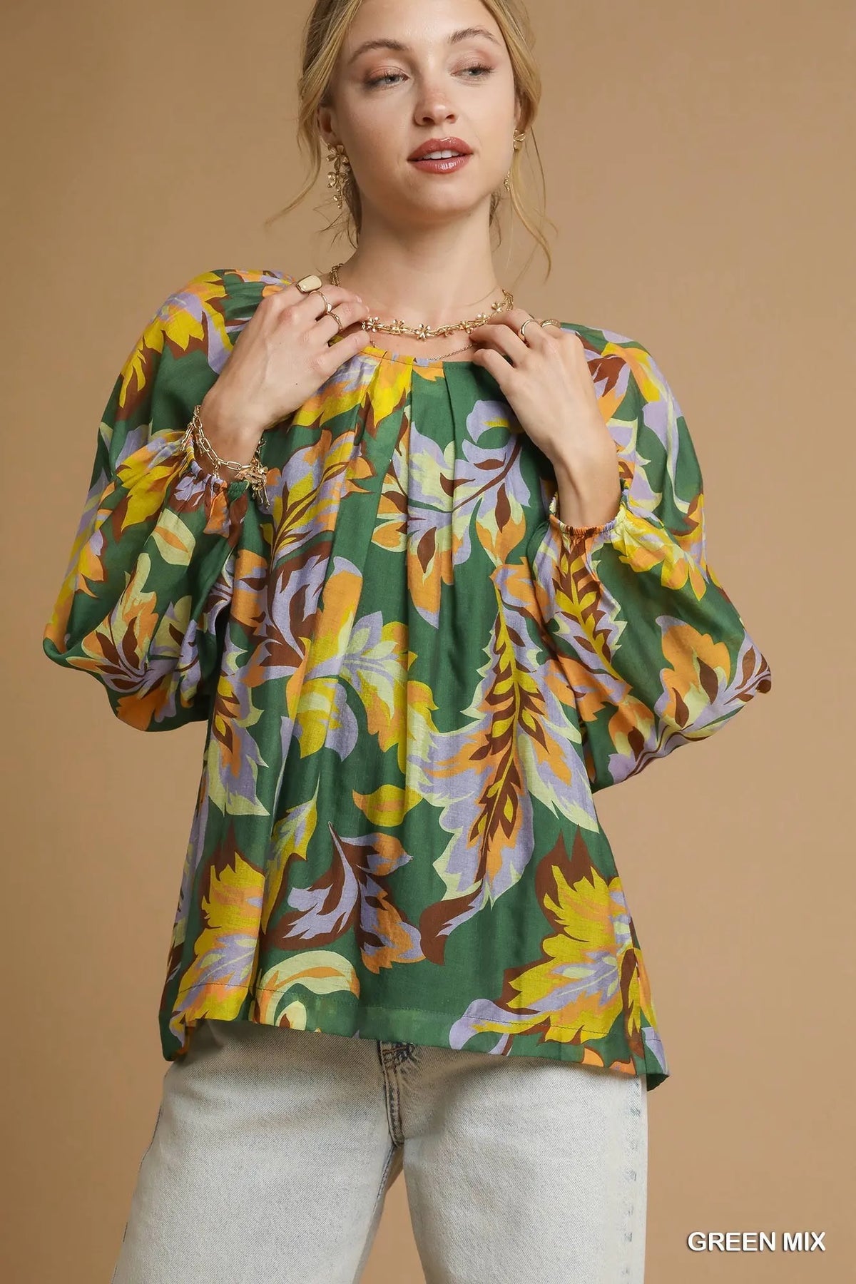 Umgee Mix Abstract Print Balloon Sleeve Blouse GREEN MIX / S