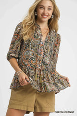 Umgee Paisley Print Peplum Blouse GREEN / ORANGE / S
