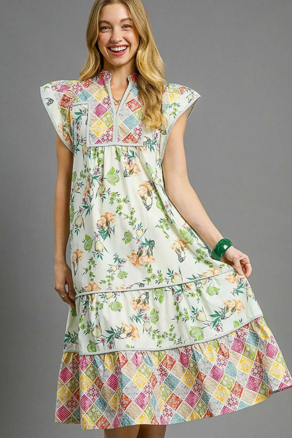 Umgee Patchwork Garden Midi Dress Gum Leaf / S