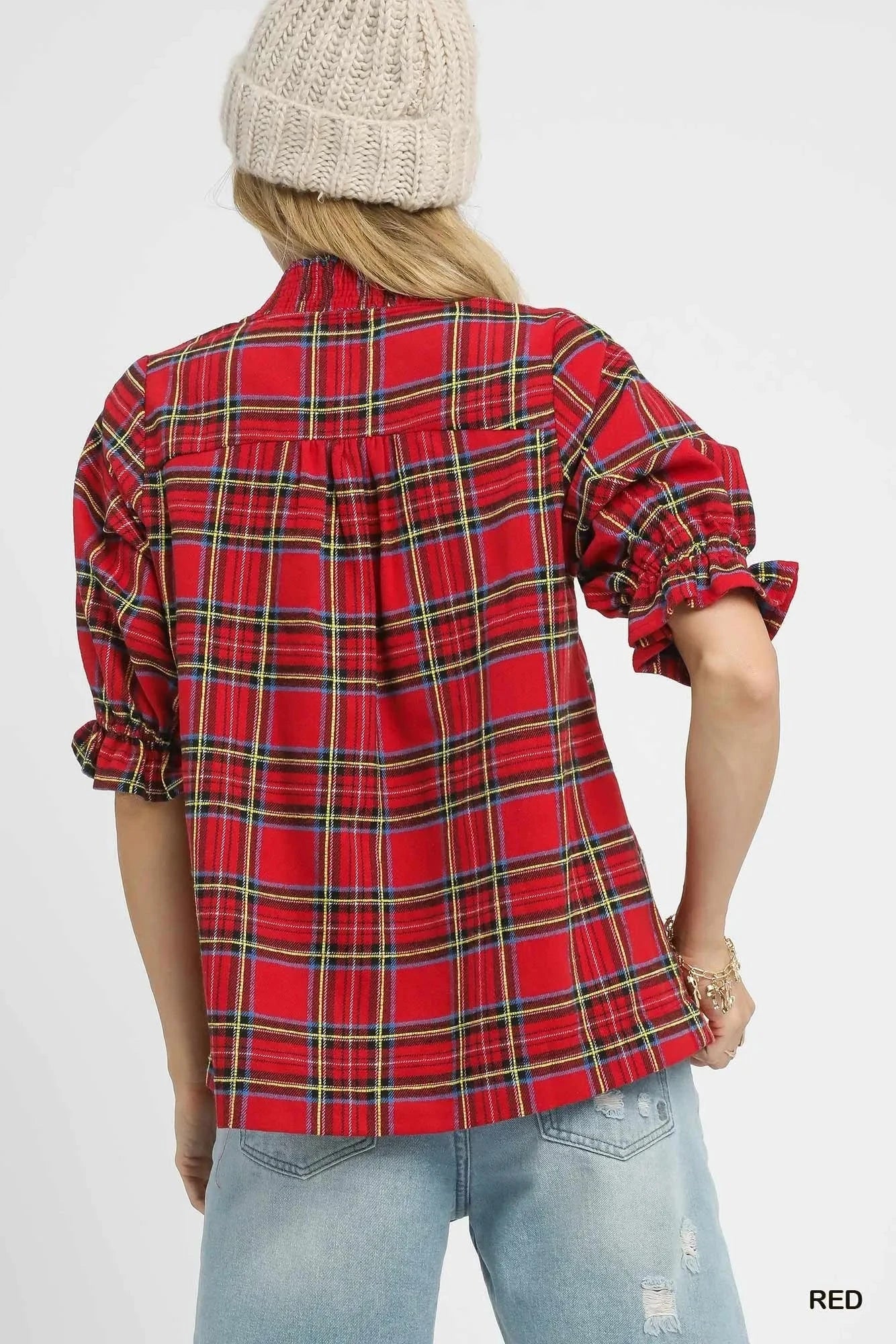 Umgee Plaid Smocked V-Neck Flannel Top