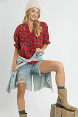 Umgee Plaid Smocked V-Neck Flannel Top