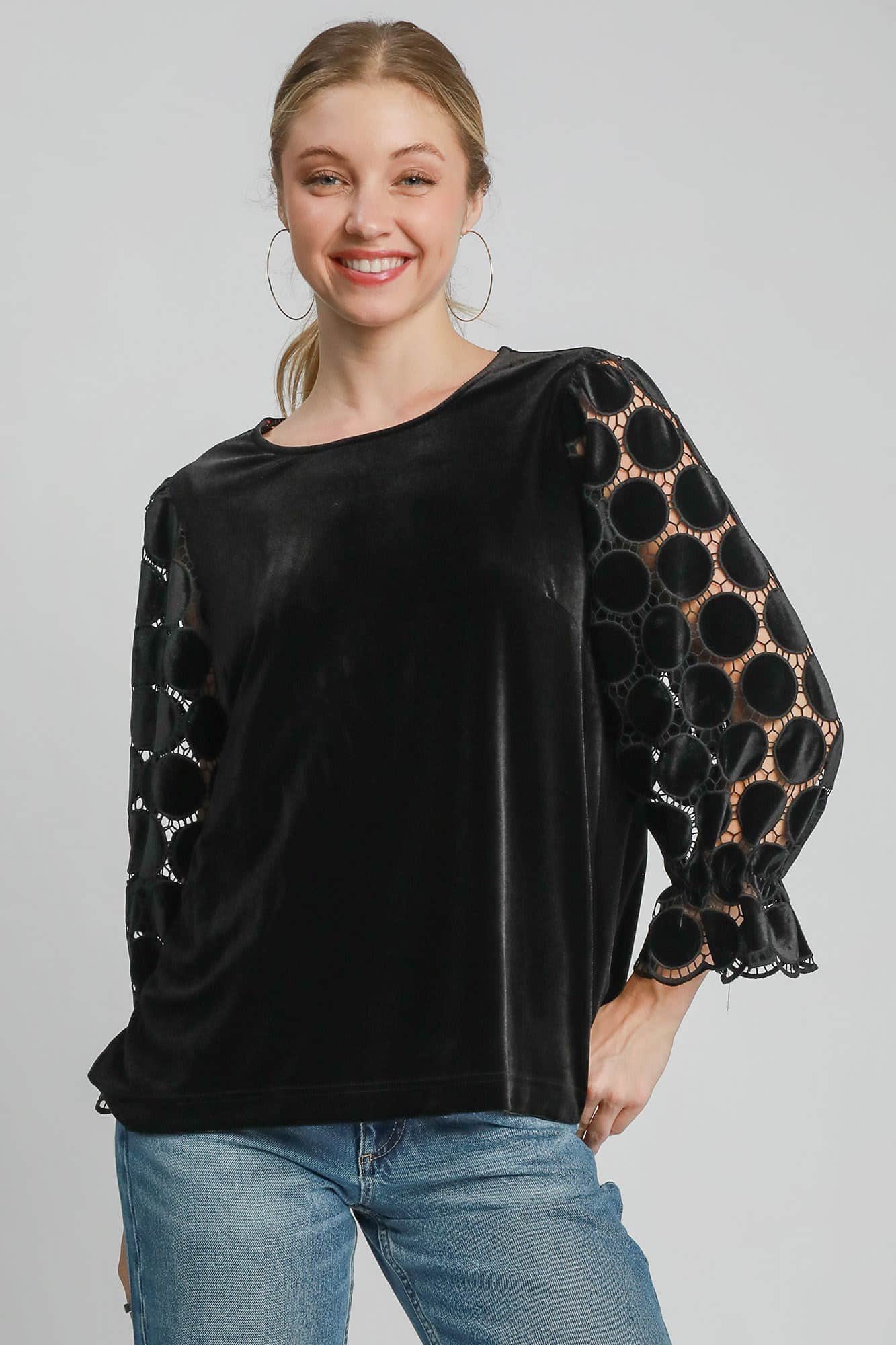 Umgee Polka Dot Lace Long Sleeve Round Neck Blouse Black / S