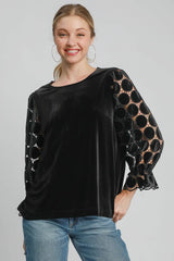 Umgee Polka Dot Lace Long Sleeve Round Neck Blouse Black / S