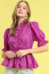 Umgee Printed Half Sleeve Peplum Blouse